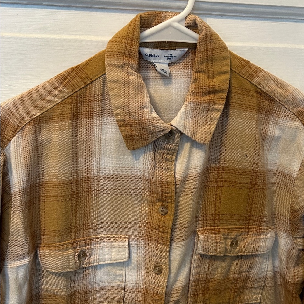 Old Navy Tan and Cream Plaid Flannel Shirt